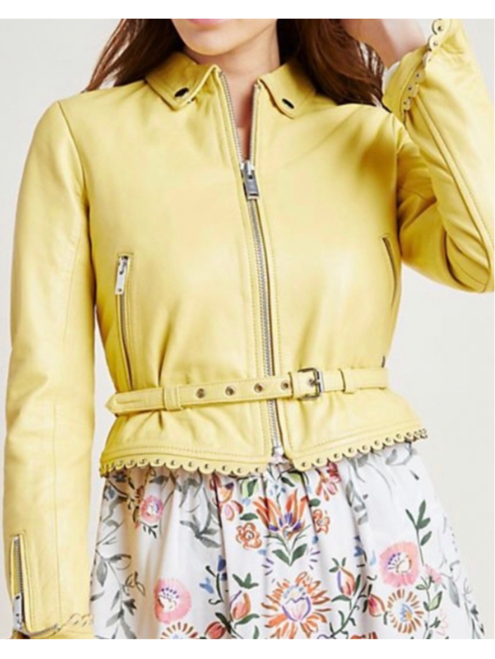 DOMA Yellow Lamb Leather Scalloped Cropped Jacket S